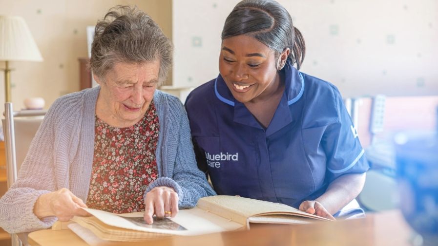 Elderly woman receiving home care for dementia