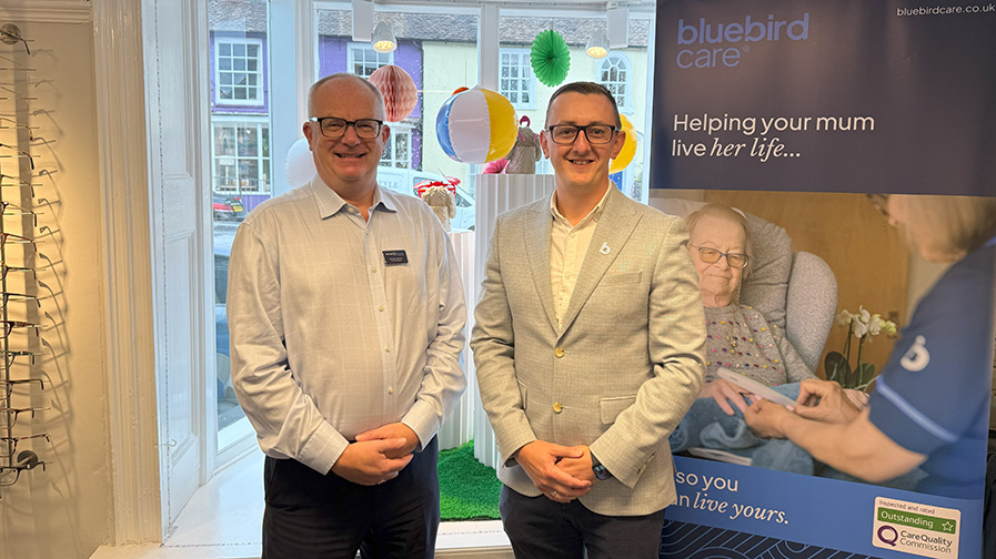 Bluebird Care Winchester, Eastleigh & Romsey and Rawlings Opticians staff working together to support community health and wellbeing